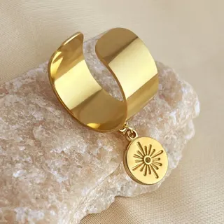 Gold Stainless Steel Ring for Women - Adjustable Open Band with Sunburst Medallion Charm, 18K Gold Plated, Hypoallergenic Luxury Stackable Ring