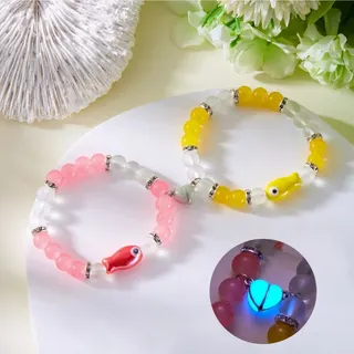 Couples Bracelet Set - Black & White Ceramic Fish Beaded Bracelet with Glow-in-the-Dark Magnetic Heart Clasp, Elastic 18cm, Gift for Her & Him