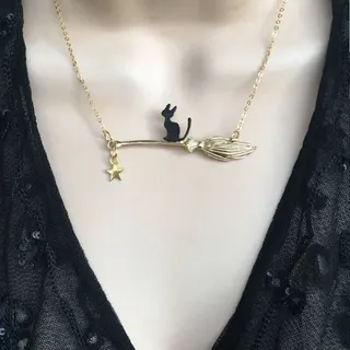 Cute Black Cat Broomstick Necklace with Star Charm, 18K Gold Plated Alloy, Sweet Cool Cartoon Pendant Chain for Women