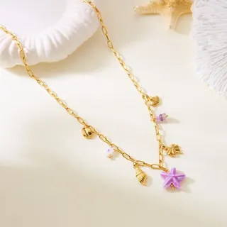 Ocean Starfish Shell Ceramic Necklace, 18K Gold Plated Stainless Steel with Natural Stone Charm, Adjustable 40+5cm Clavicle Chain for Women
