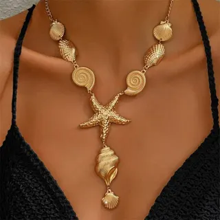 Boho Ocean Statement Necklace, Sea Star & Conch Shell Layered Alloy Gold Plated, 50+5cm Extender Chain, Beach Vacation Jewelry for Women