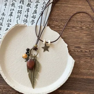 Bohemian Leaf Necklace, Vintage Alloy Feather Pendant with Beaded Charm, Braided Cord Layered Long Necklace, Ethnic Forest Style Jewelry for Women