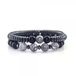 Black Obsidian & Black Agate Beaded Bracelet Set for Men - Natural Stone Round Beads Multi-Layer Stackable Minimalist Zen Bracelet, 18cm, 2-Piece Set