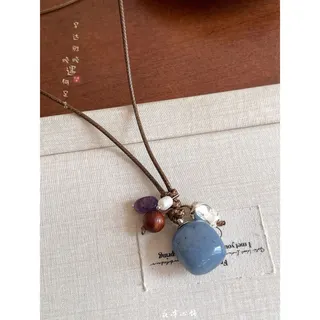 Natural Stone Long Pendant Necklace - Blue Lace Agate Irregular Bead with Handwoven Cord, Tiger Eye & Amethyst Accent Beads, Boho Vintage Zen Style for Women, Approx 60cm