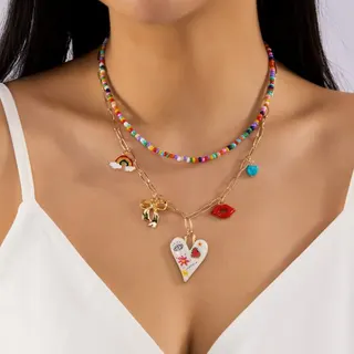 Sweet Girl Heart Bow Rainbow Beaded Multi-Charm Necklace 2-Piece Set, Gold Alloy Enamel Drop Pendants, Layered Choker 40+5cm/44+5cm