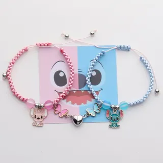 Stitch Heart Magnetic Braided Couple Bracelet Set, Pink & Blue Macaron Color, Alloy Enamel Cartoon Charm, Adjustable 16-26cm, Best Friend Pair Wristband