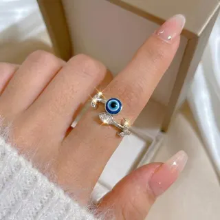 Evil Eye Ring for Women, Adjustable Open Band, 18K Gold Plated Copper with Cubic Zirconia, Blue Eye Lucky Charm Leaf Ring, Stacking Jewelry