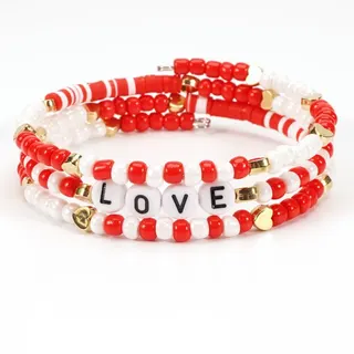 Sweet Love Letter Beaded Bracelet - Multi-wrap Clay & Rice Bead Charm Bangle with Heart Accents, Pink Valentine's Day Gift for Women Girls