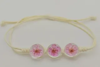 Pink Cherry Blossom Resin Bead Bracelet, Handmade Braided Cotton Rope with Dried Flower, Adjustable Boho Forest Style Jewelry Gift for Women
