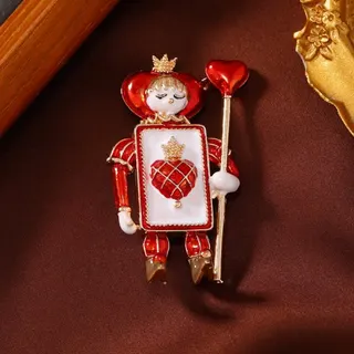 Vintage Red Heart King Soldier Brooch, Enamel & 18K Gold Plated Alloy Pin, Court Playing-Card Style Love Scepter Badge, Fashion Statement Jewelry Gift