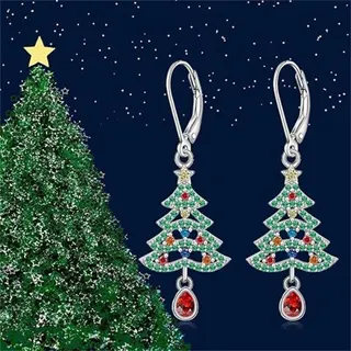 Christmas Tree Earrings for Women, Silver Alloy Dangle Hoop with Multi-Color Zircon & Teardrop Gem Drop, Festive Holiday Party Jewelry Gift