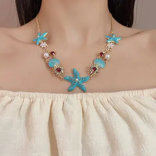 Oversized Sea Star & Shell Pearl Bracelet - Ocean Enamel Rhinestone 18K Gold Plated Alloy Jewelry for Women