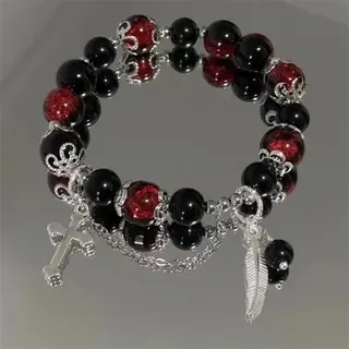 Red Cross Feather Beaded Bracelet for Women, Black & Red Alloy Charm Bracelet with Cross & Feather Pendant, Gothic Vintage Protective Jewelry, 18cm