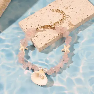 Pink Crushed Stone & Shell Bracelet with Starfish and Pearl Beads, 18cm Boho Beach Jewelry for Women