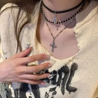 Vintage Y2K Multi-Layer Cross Beaded Necklace, Silver Plated Alloy Gothic Choker Pendant Chain for Women, Punk Stackable Jewelry ~40+5cm