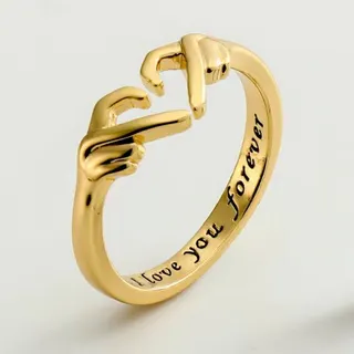 I Love You Forever Hand Heart Open Ring, Adjustable Size 6.5-8, White Gold Plated Alloy Engraved Couple Ring, Romantic Gift for Her Him