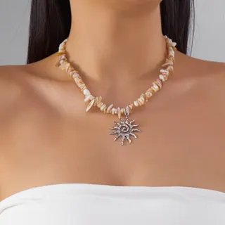 Boho Sunburst Flame Necklace - Colorful Crushed Stone Beaded Choker with Alloy Sun Pendant & Micro-Paved Zircon, Adjustable 43+5cm, Summer Vacation Ethnic Jewelry for Women