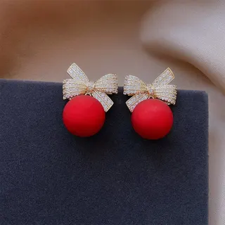 Butterfly Knot Rhinestone Drop Earrings with Red Pearl Charm, 18K Gold Plated Alloy Sweet Elegant Dangle Earrings for Women, Gift Pair