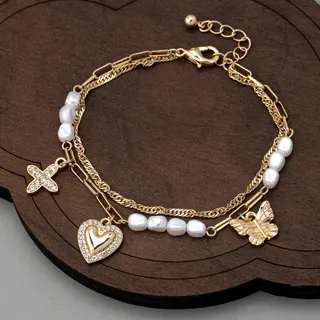 Luxury Double Layer Chain Bracelet for Women - Heart Butterfly Cross Charm with Rhinestones & Faux Pearls, 18K Gold Plated Alloy, Adjustable 18+4cm Fashion Jewelry
