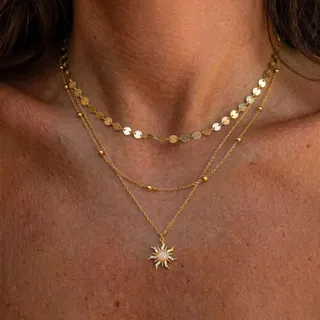 Layered Sun Pendant Necklace 18K Gold Plated Alloy, 3-Layer Coin Chain with Pearl Sunburst Charm, Boho French Vintage Collarbone Necklace 40+5cm