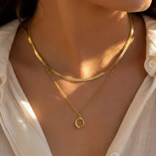 Minimalist Geometric Oval Pendant Necklace Set of 2, Gold Plated Stainless Steel Layered Chain, Hypoallergenic Tarnish-Free collarbone Collarbone Necklace for Women