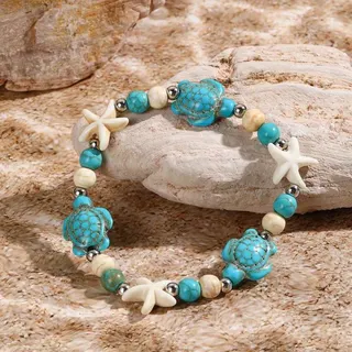 Cowrie Shell & Turquoise Starfish Bracelet, Adjustable Braided Rope Beach Jewelry, Boho Ocean Style Handmade Shell Bead Bracelet for Women