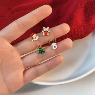 Christmas Enamel Earrings Set - 4 Pcs Alloy 18K Gold Plated Stud Earrings with Reindeer, Santa, Christmas Tree & Gift Box, Cute Holiday Jewelry Gift