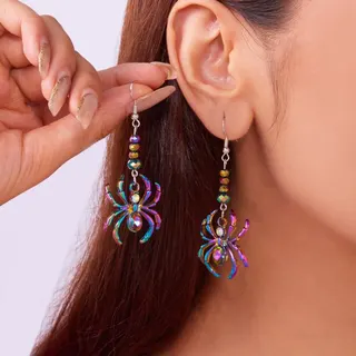 Halloween Spider Earrings, Alloy AB Iridescent Long Dangle Earrings with Red Rhinestone Drop, Gothic Statement Earrings for Party & Cosplay, 7x3cm