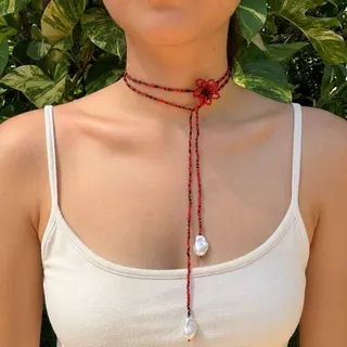 Red Beaded Flower Long Necklace - Bohemian Baroque Pearl Drop Lariat Chain, Handmade Multi-Layer Beaded Choker for Women