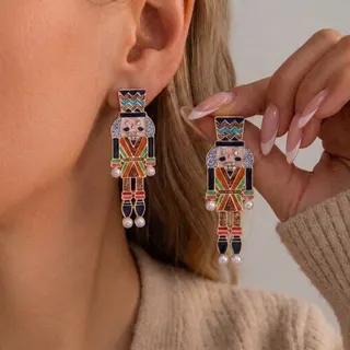Christmas Nutcracker Earrings, Colorful Enamel Stripe Rhinestone & Pearl Drop Earrings, Alloy Vintage Festive Dangle Earrings for Women, Holiday Gift Jewelry