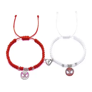 Spider-Man Inspired Couple Friendship Braided Bracelet, Red & White Adjustable Rope with Alloy Spider Mask & Heart Charm, 18cm Anime Gift for Him & Her