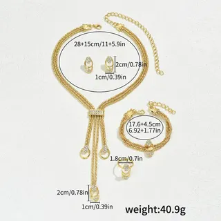 Elegant Gold Jewelry Set for Women - 18K Gold Plated Alloy Necklace Bracelet Earrings 3-Piece Set with Zircon Tassel Pendant, Bridal Bridesmaid Gift