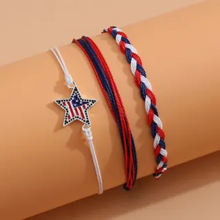Handwoven Star Flag Bracelet Set of 3, Red White Blue Adjustable Braided Cord Wristband, Patriotic American Style Beaded Star Charm, Independence Day Gift for Women