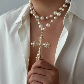 Vintage Pearl Cross Double Layer Necklace, Gold Alloy Micro-Set Imitation Pearl Pendant, Layered Clavicle Chain for Women, 35+5cm