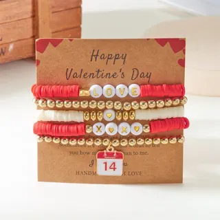 Valentine's Day Bracelet Set of 5 - Layered Red Pink White Heart Beaded Bracelets, Alloy & Soft Clay, ~18cm, Handmade Gift Card for Women Girlfriend Best Friend