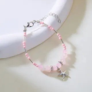 White Starfish Beaded Bracelet for Women - Crystal Chip & Rice Bead Strand with Alloy Star Charm, Adjustable 16+5cm, Minimalist Beach Vacation Jewelry Gift