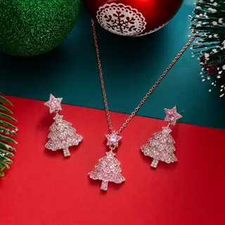Christmas Tree Rhinestone Necklace and Earrings Set, Rose Gold Alloy Pink Crystal Holiday Jewelry Gift Set for Women