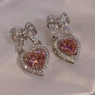 Princess Style Bow Heart Earrings, Pink Zircon Rhinestone Alloy Dangle Earrings, Sweet Sparkly Jewelry for Wedding Party, Approx 3cm