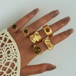 Vintage Boho Geometric Ring Set of 5, Gold Plated Alloy with Resin Stones, Sunburst Wide Band Statement Rings, French Layered Stack, 1.7cm, Gold Color