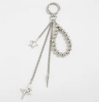Y2K Silver Metal Tassel Keychain Charm, Four-Point Star & Bead Loop Bag Accessory, White Gold Alloy, 14cm