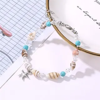 Seashell Starfish Bracelet - Natural Conch Beads & Turquoise Accents, Ocean Vacation Boho Jewelry for Women, 19.5cm