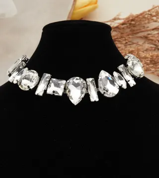 White Gold Alloy Crystal Necklace - Multi-Cut Rhinestone Statement Collar Chain for Bridal Party & Evening Wear