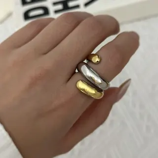 Stainless Steel Two-Tone Geometric Ring, Minimalist Pebble Drop Stackable Ring, Hypoallergenic 18K Gold Plated Mirror Polish, 1.8cm Women Jewelry
