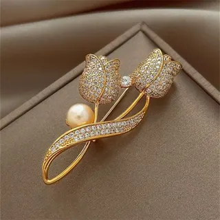 Luxury Rhinestone Tulip Brooch for Women - Gold Tone Pearl & Crystal Flower Pin, French Vintage Lapel Brooch for Blazer Coat Wedding, Approx 2.7x5.4cm Gift