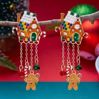 Christmas Gingerbread House Dangle Earrings, 18K Gold Plated Alloy, Candy Cane & Gingerbread Man Charm, Long Tassel Holiday Party Earrings for Women