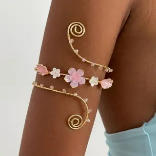 Colorful Flower Crystal Bangle Bracelet, Gold Plated Iron + Acrylic Floral Cuff, Sweet Vintage Women's Jewelry, ~9.5cm