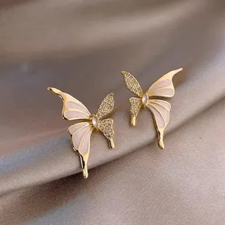 Butterfly Stud Earrings for Women, 18K Gold Plated Alloy with Rhinestone & Mother of Pearl Wings, Elegant French Style Dangle Earrings for Wedding Party Daily Wear