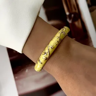 Vintage Yellow Enamel Bangle Bracelet - Alloy Branch Relief Design, French Retro Open Cuff, Approx 6cm