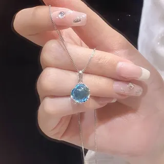 Round Blue Stone Pendant Necklace with Zircon Halo, Alloy Plated Clavicle Chain 41+5.5cm, Elegant Summer Jewelry Gift for Women