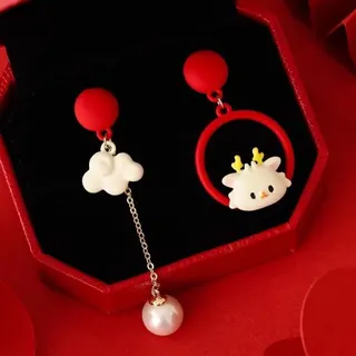 Asymmetric Cute Dragon Cloud Earrings - Red White Resin Dangle Earrings with Pearl Drop & Gold Chain, Kawaii Girl Jewelry Pair